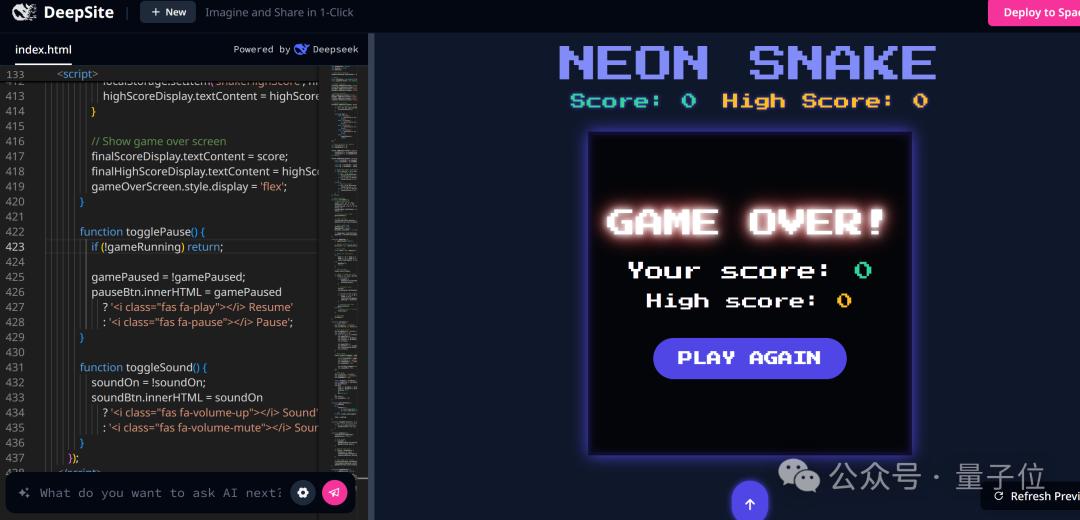 免费的「网页版Cursor」,新版DeepSeek-V3加持,秒秒钟编出一个游戏/APP